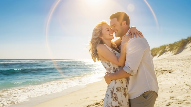 Happy couple in love hugging and kissing together on the beach in warm sunny day