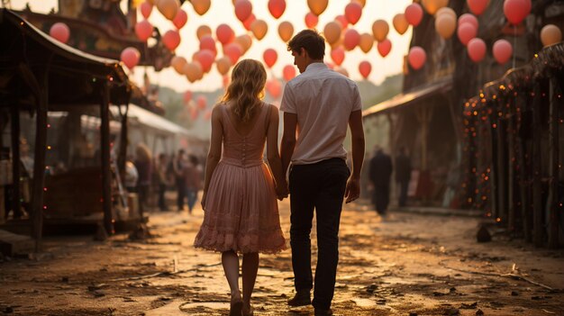 Happy couple of lovers on a walk with a red lanterns in the city