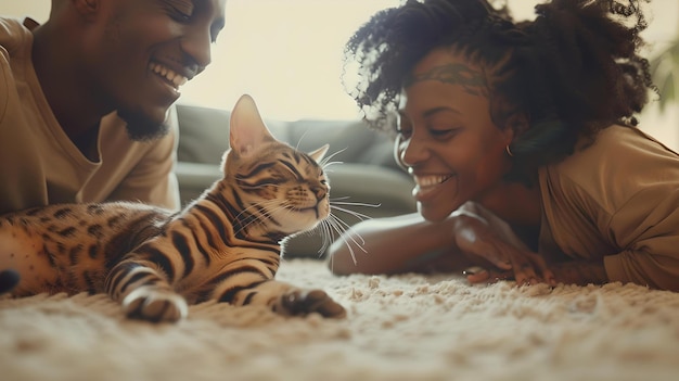 Happy couple lying on the floor adoring their pet cat casual cozy lifestyle moments at home capturing joyful interactions with a domestic kitten AI