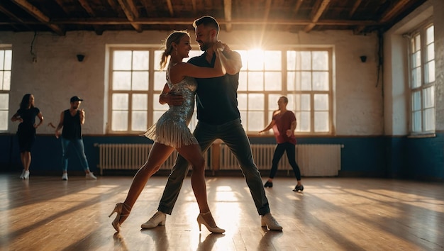 Photo happy couple man and woman dancing a passionate bachata dance in the studio