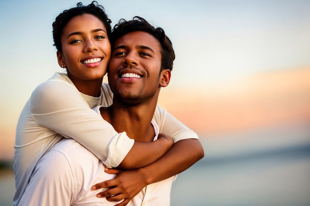 Happy couple mixed race man and woman together embracing at sunset with copy space
