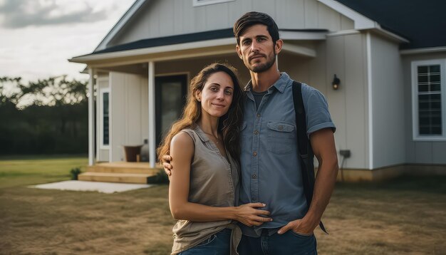 Happy couple near their new home