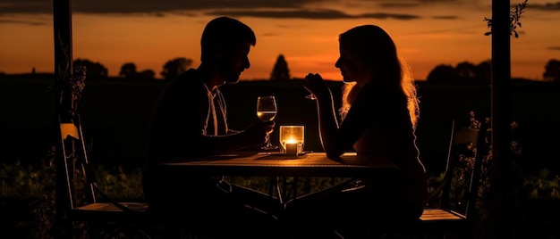 사진 여름 저녁 에 행복 한 로맨틱 한 저녁 식사 를 하는 부부