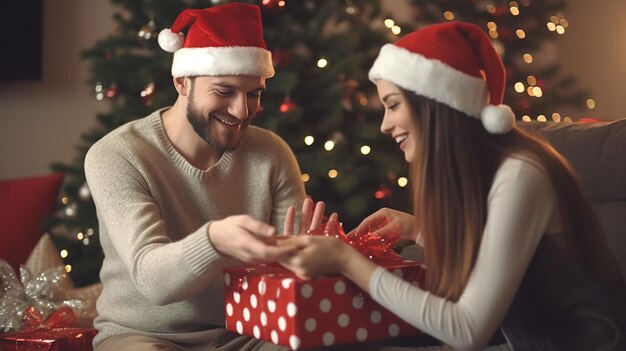 幸せなカップルがクリスマスの夜にプレゼントを開ける