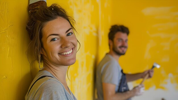 행복한 커플이 집을 개조하고 팀워크 개념 AI를 진행하면서 밝은 노란색 벽에 집을 칠하고 있습니다.