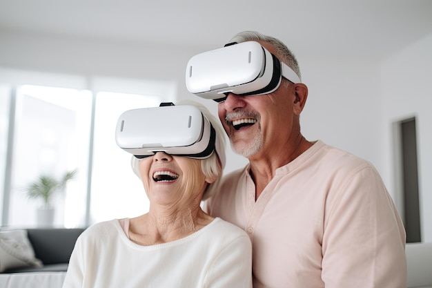 Happy couple of pensioners wearing vr headsets at home