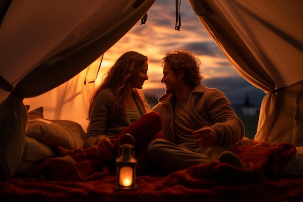 Счастливая пара устраивает пикник в палатке на берегу реки вечером