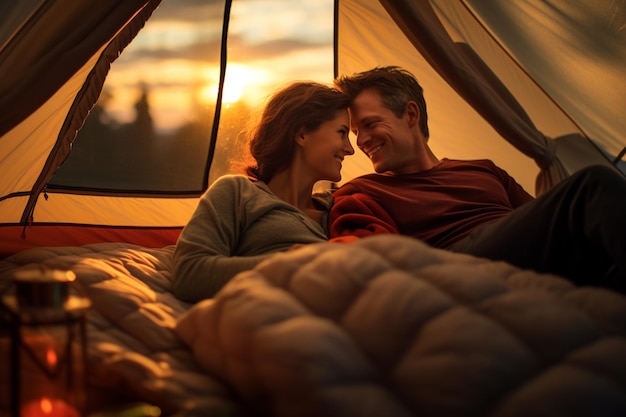 Happy couple picnicking in a tent at the riverside in the evening