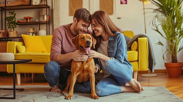 Photo happy couple play with their dog gorgeous brown labrador retriever boyfriend and girlfriend tease pet and scratch super happy doggy have fun in the stylish living room