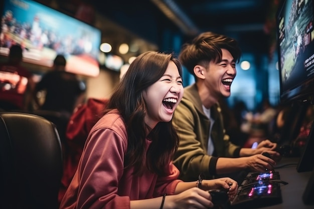 Happy couple playing video games at home in the club