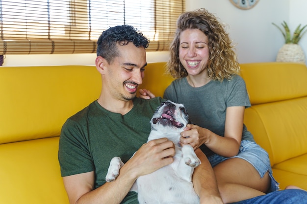 家で犬と遊ぶ幸せなカップル。ソファの上でブルドッグペットをなでるカップルの水平方向のビュー。