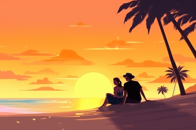Счастливая пара отдыхает на тропическом песчаном пляже Летние каникулы Изображение, сгенерированное AI