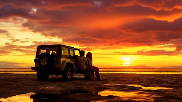 幸せなカップルが夕暮れのハネムーン・ロード・トリップ中にSUV車の隣でリラックスしています