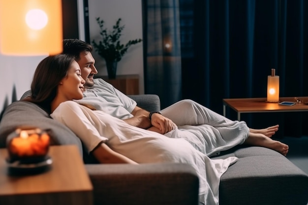 Happy couple relaxing on sofa in hotel room Generative AI