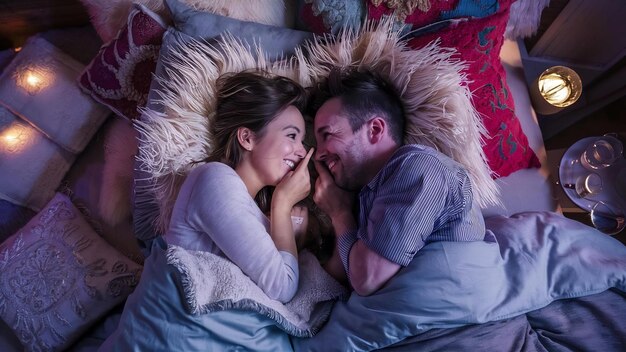 Photo happy couple relaxing touching noses lying on bed top view