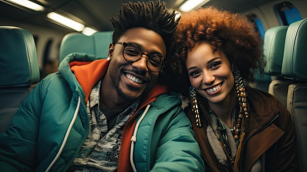 Счастливая пара, представляющая разнообразие, сидит в транспорте и улыбается, путешествуя