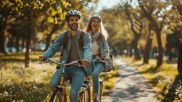 두 사람 을 위한 자전거 를 타고 공원 에 있는 행복 한 부부 는 두 사람 모두 헬 과 캐주얼 옷 을 입고 있다