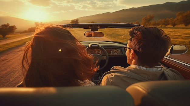 Happy couple riding in a convertible at sunset rear view Created with Generative AI technology