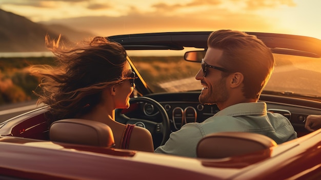 Photo happy couple riding in a convertible at sunset rear view created with generative ai technology