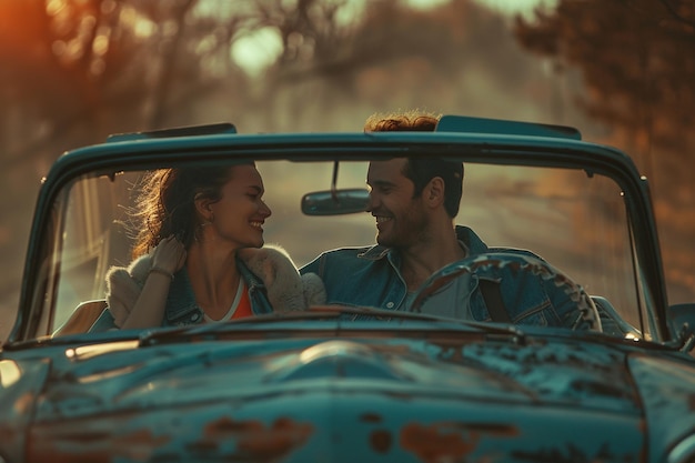 Happy couple on a road trip