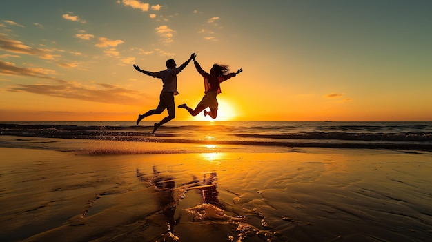 사진 해가 지면 해변에서 뛰고 뛰어다니는 행복한 커플 실루 커플 점핑