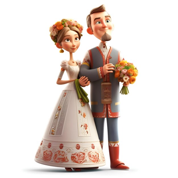 Happy couple in russian folk clothes with a bouquet of flowers