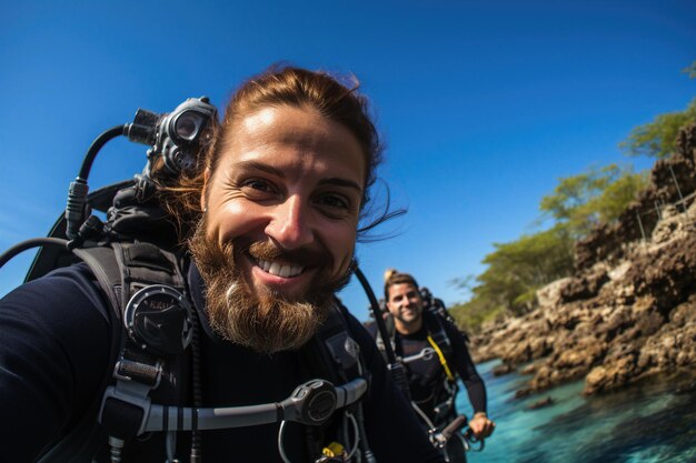 Foto coppia felice di subacquei che si scattano selfie ai generativa