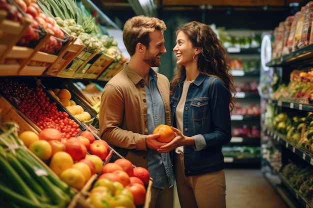 식료품 가게 에서 과일 을 구입 하는 행복 한 부부