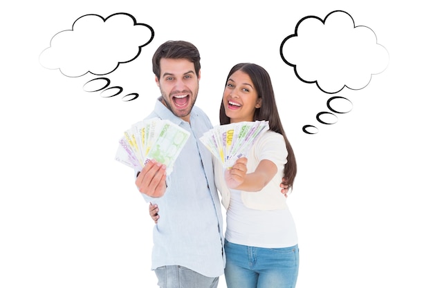 Happy couple showing their money against speech bubble