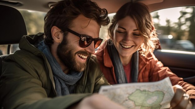 Счастливая пара сидит в машине, смотрит на карту и улыбается. Создано с помощью технологии генеративного искусственного интеллекта.