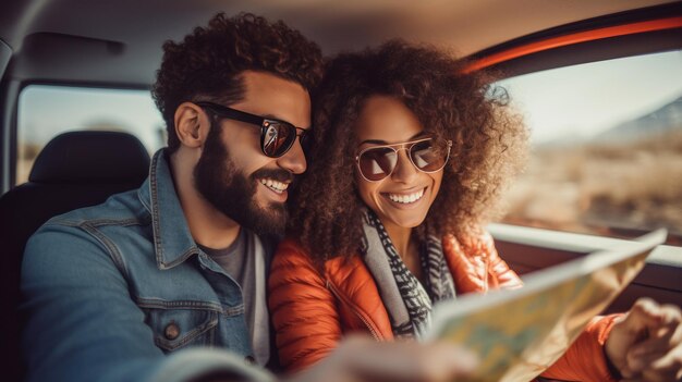 The happy couple sits in the car looking at the map and smiling Created with Generative AI technology