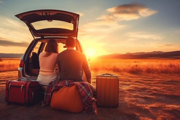 車の近くの荷物の上に座って夕日を眺める幸せなカップル