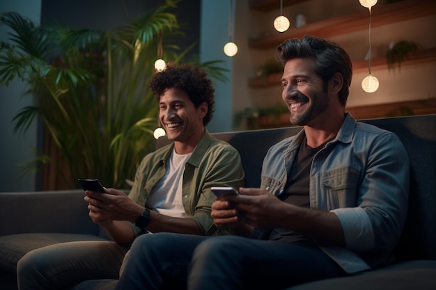 Happy couple sitting on a sofa using cell phones in a living room with Generative AI