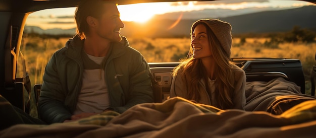 Happy couple sitting in trunk of their new car outdoors at sunset