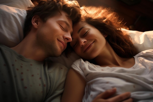 Happy couple sleeping on a bed in romantic mood with Generative AI