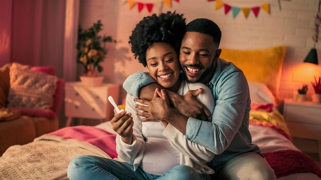 침실 에서 긍정적 인 임신 검사 를 받은 후 미소 짓는 행복 한 부부