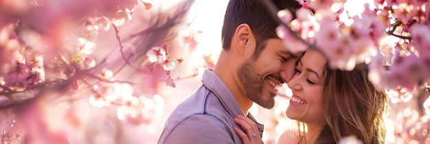 Foto una coppia felice che sorride e si abbraccia sotto un albero di ciliegio in fiore