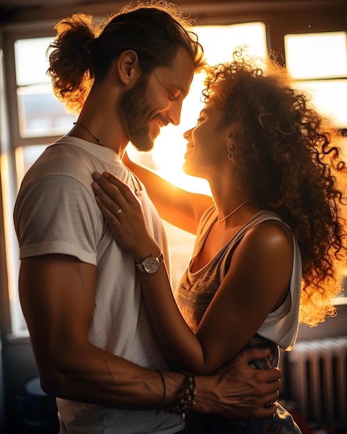 Happy couple standing by window