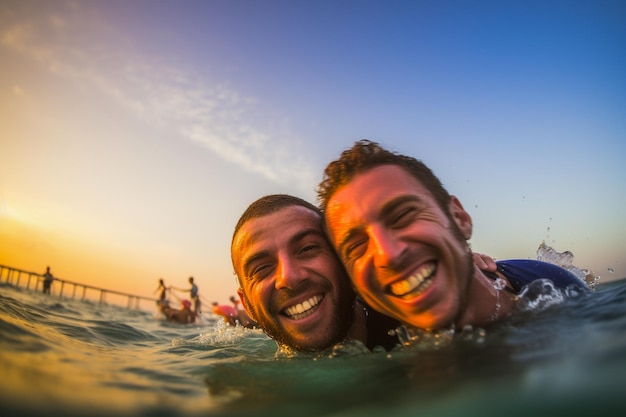 텔아비브의 LGBTQ 프라이드 퍼레이드에서 수영하는 행복한 커플 이스라엘 프라이드 달 축하