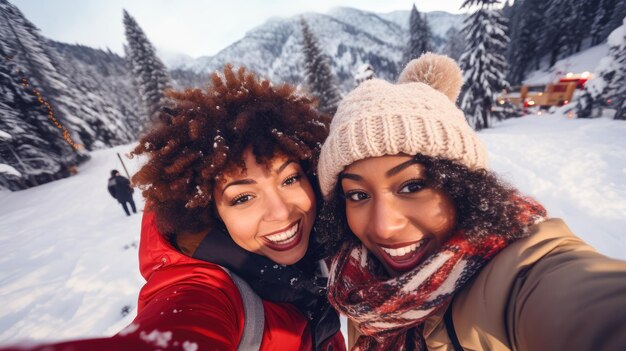 Photo happy couple taking a playful selfie during a snowball fight in a winter wonderland