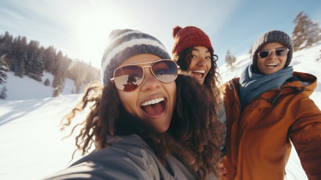 Foto una coppia felice che si fa un selfie sulle montagne innevate