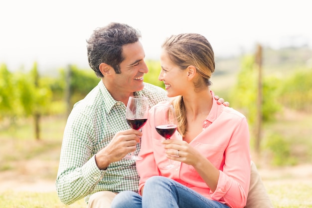 ワインのグラスを乾杯する幸せなカップル