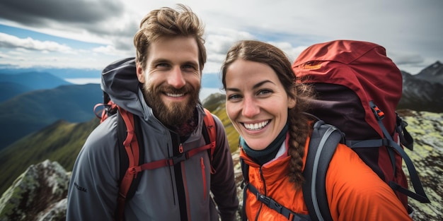 幸せな観光客のカップルがアルプス山脈でトレッキングをしています