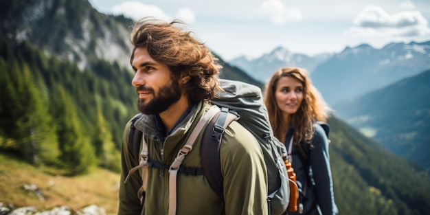 A happy couple of tourists are trekking in the Alpine mountains generative AI