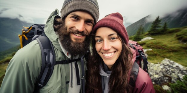 幸せな観光客のカップルがアルプス山脈でトレッキングをしています