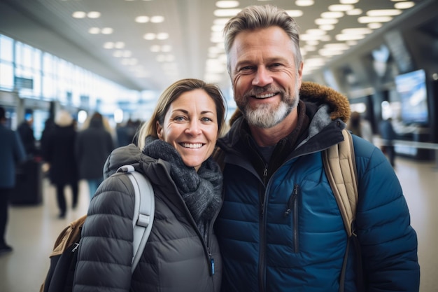 행복 한 부부 의 노인 관광객 들 은 공항 터미널 에서 사진 을 찍는다.
