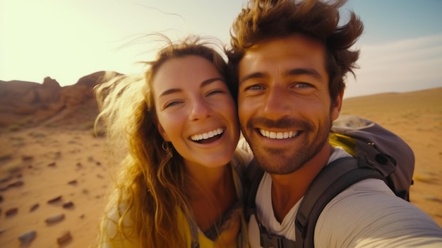 Happy couple of travelers taking selfie picture in rocky desert Young man and woman having fun