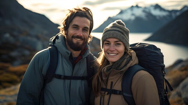 행복한 부부는 아르헨티나 파타고니아의 산을 통해 트레킹 남아메리카를 통해 여행