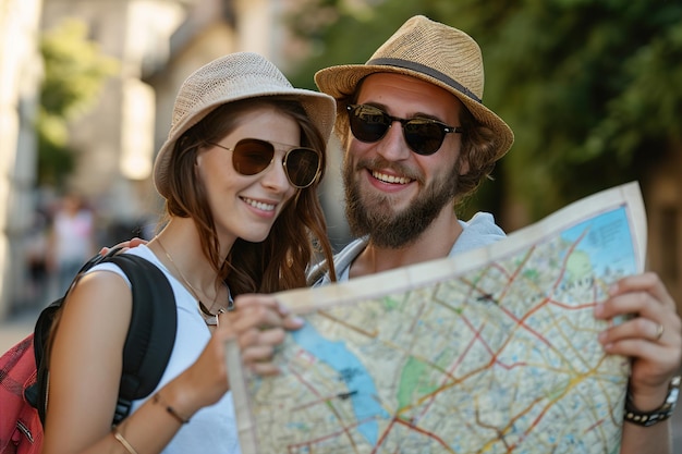 Happy couple on vacation sightseeing city with map