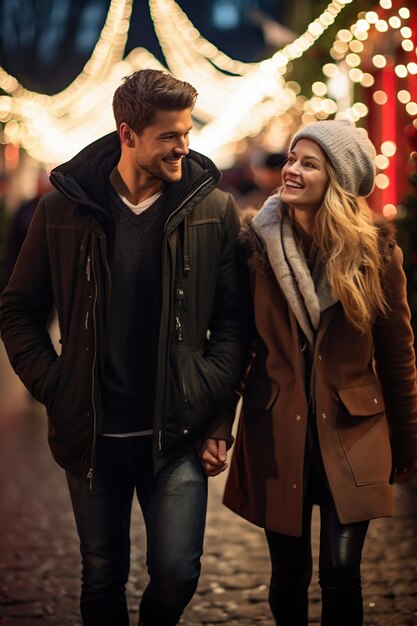 クリスマス マーケットを歩く幸せなカップル ジェネレーティブ AI